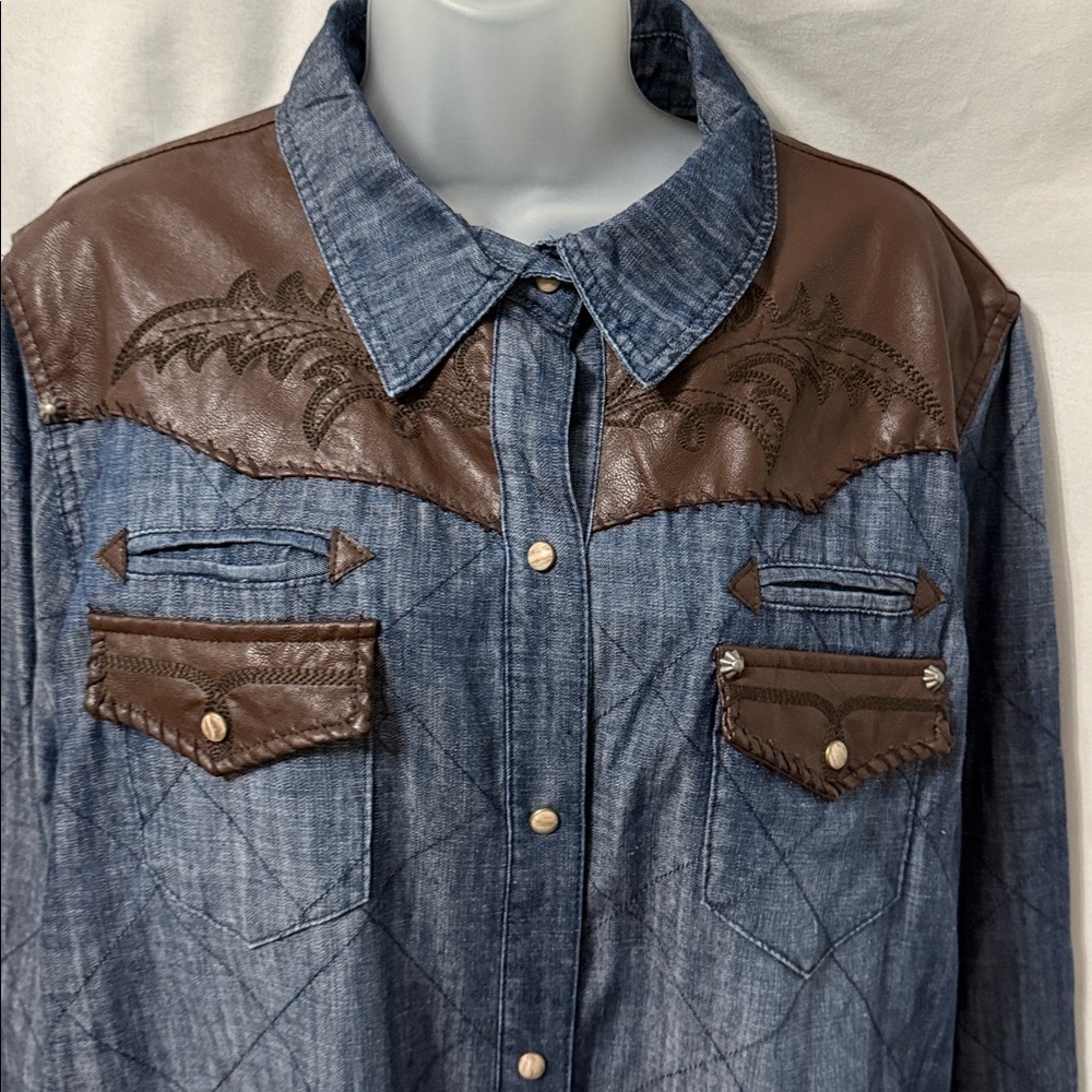 Double D Ranch Denim Switchback Shirt Jacket Leather Trim Pearl Snaps Size 2X - Picture 2 of 12